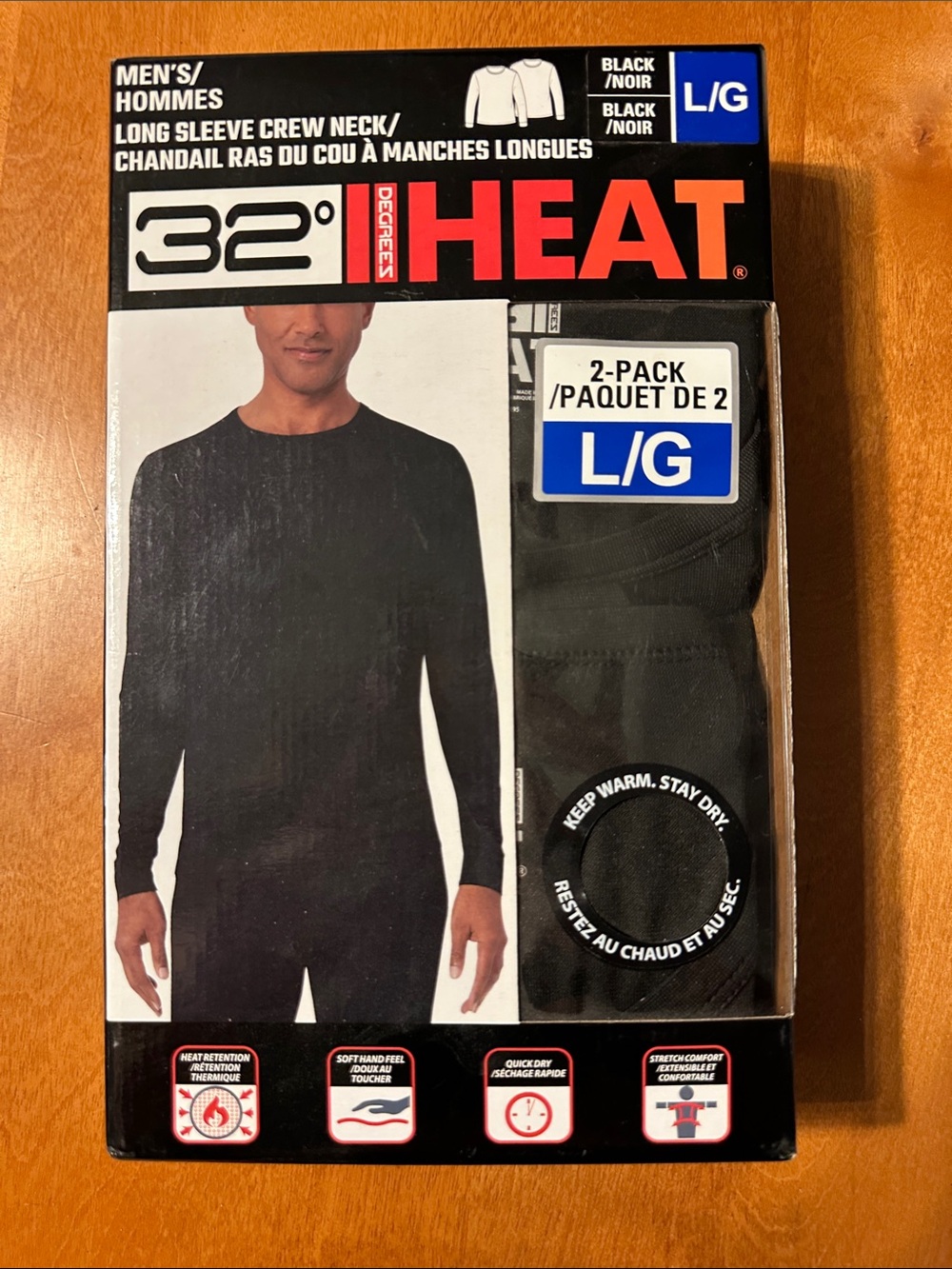 32 Degrees Men’s Long Sleeve Crew Neck Thermal Shirt - Black (2-Pack) L/G